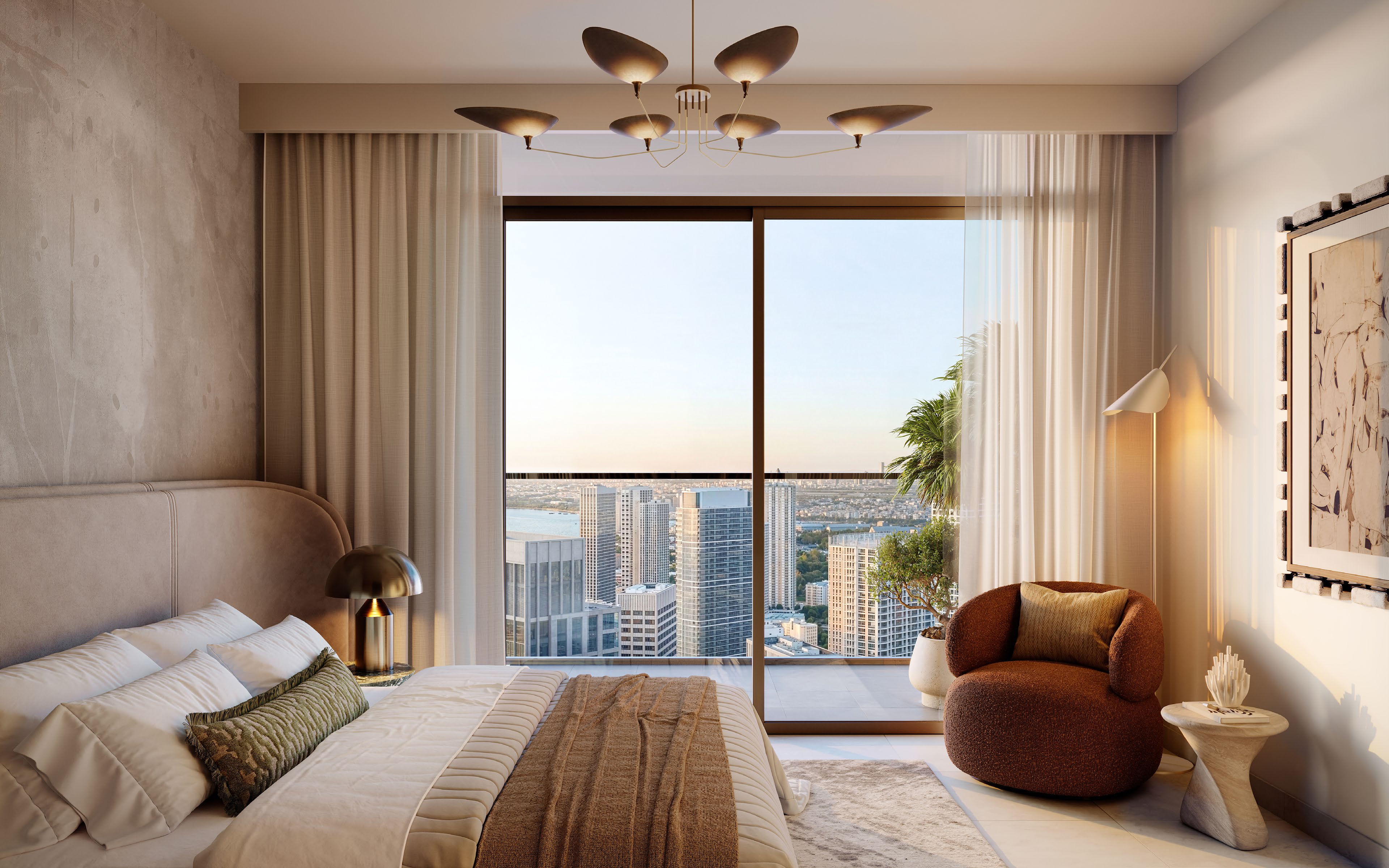 Dormitorio de Valia con ventanales de piso a techo y vista sobre Dubai Creek Harbour