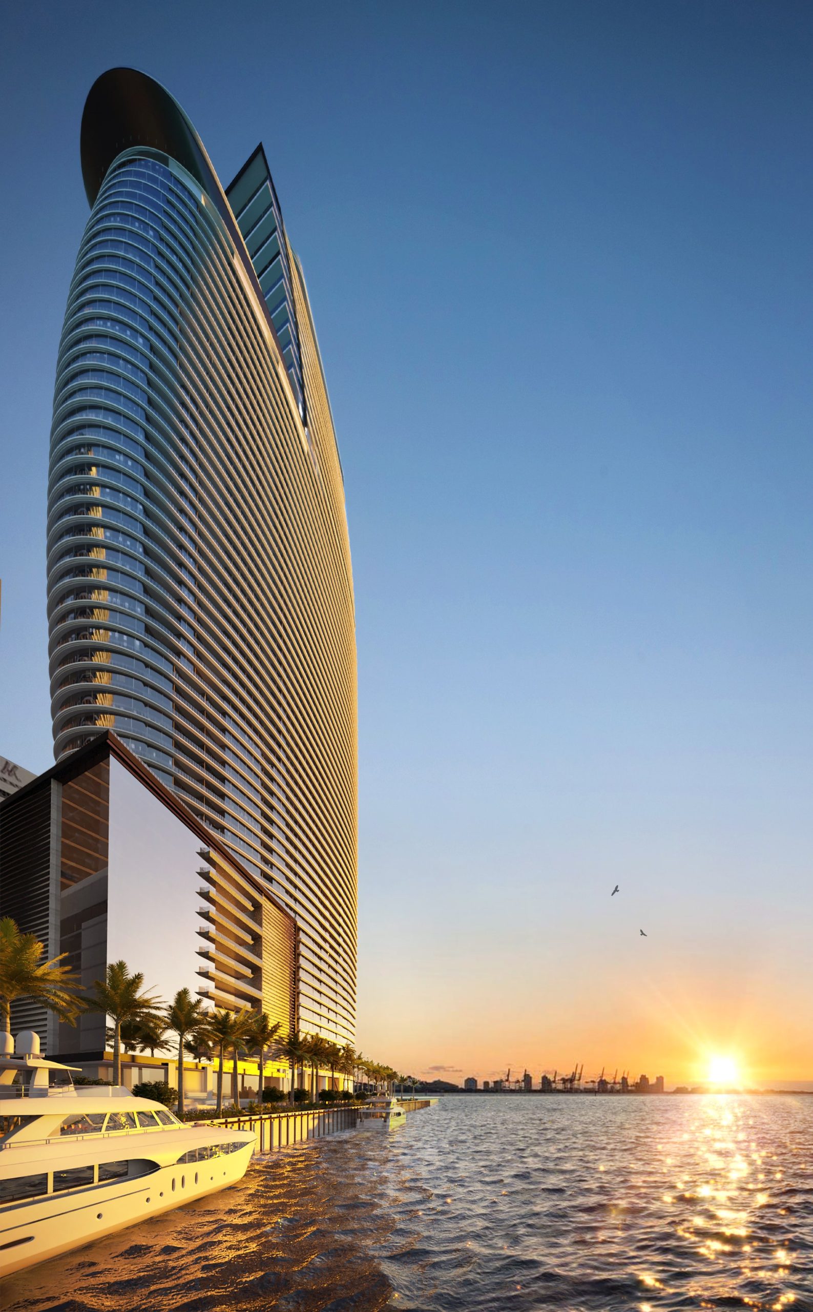 Aston Martin Residences — render fachada sobre Biscayne Bay